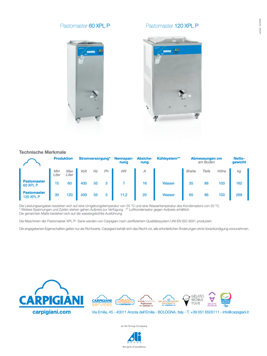 Carpigiani Pastomaster XPL-P: Robust pasteurizer for ice cream