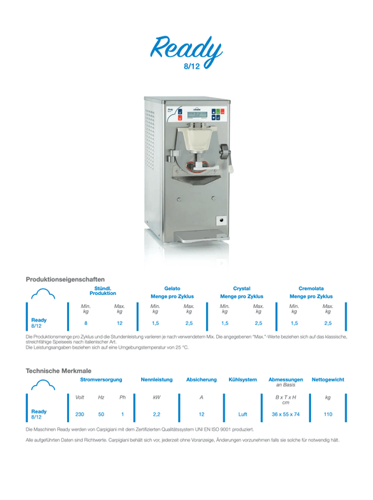 Carpigiani Ready 8/12: Robust professional ice cream maker for perfect ice cream  krae - shop.com